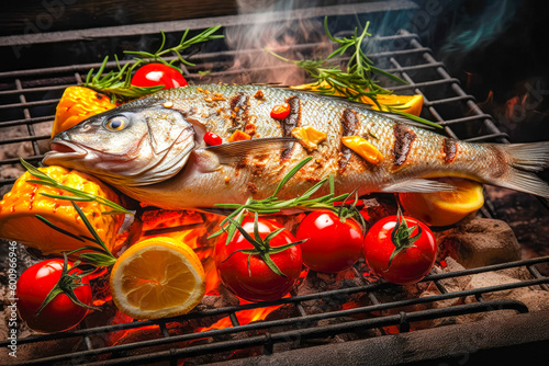 cooking fish Dorado on grill with tomatoes and lemon, grilled fish BBQ. Good food. Generative AI