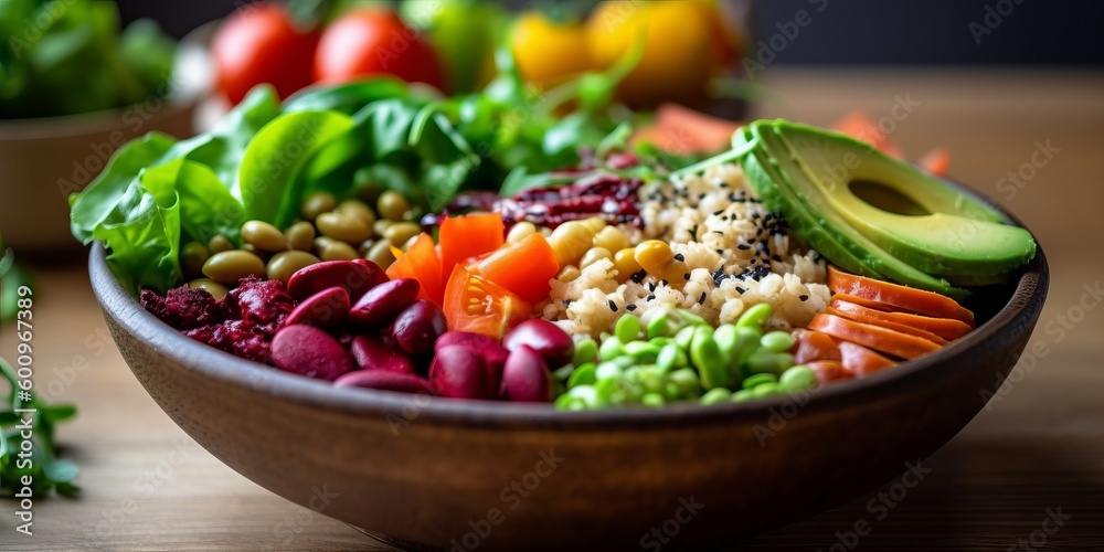 Vegan Buddha Bowl, Colorful assortment of fresh vegetables and grains. Generative AI.