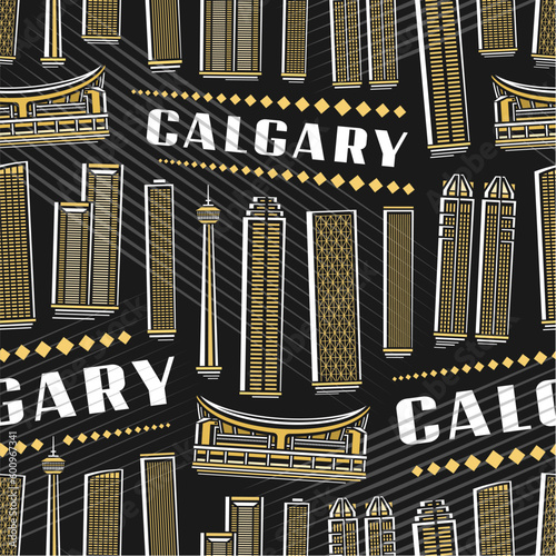 Vector Calgary Seamless Pattern, square repeat background with illustration of famous calgary city scape on dark background for wrapping paper, decorative line art urban poster with white text calgary photo