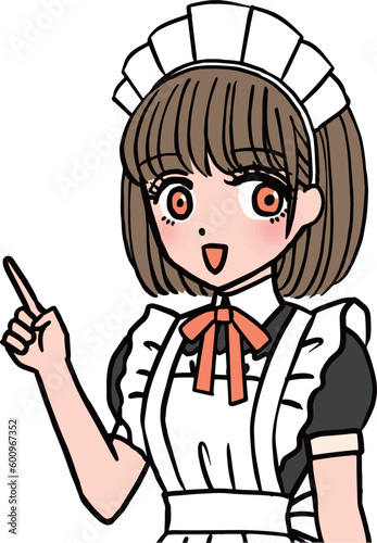 指を差して教えるオレンジの胸のリボンをつけた茶髪のメイド