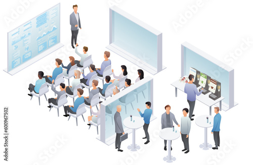 Performance trebune, speech. Teamwork set with business presentation conference coworking workplace brainstorming and discussion isolated. Indicators and coaching. Vector isometric, 3d