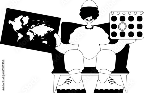 The individual is holding a world chart and a calendar. Tourism subject. Dim and white line craftsmanship. Trendy style, Vector Illustration