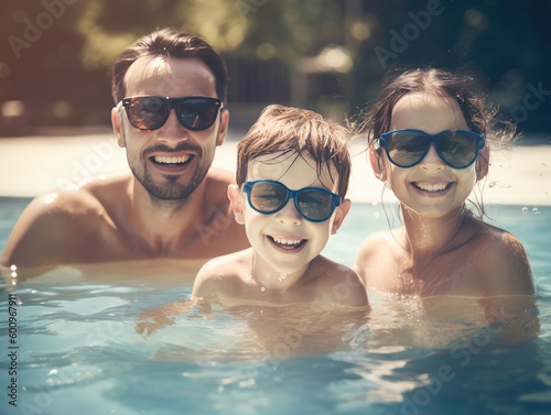 Generative AI illustration of happy bearded father and children in sunglasses smiling and looking at camera while chilling together in swimming pool with clear water © Victoriia