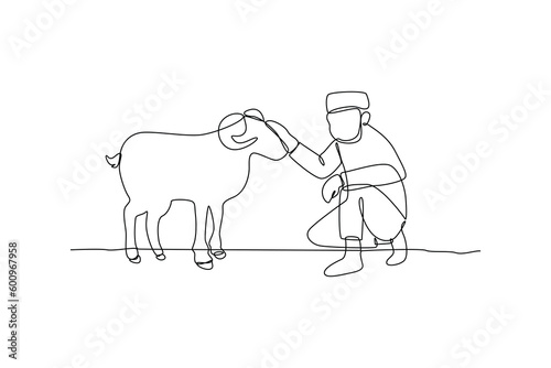 Single one line drawing Happy Eid Al Adha conept. Continuous line draw design graphic vector illustration.