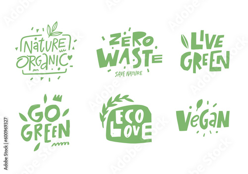 Organic, eco, natural phrases lettering set.