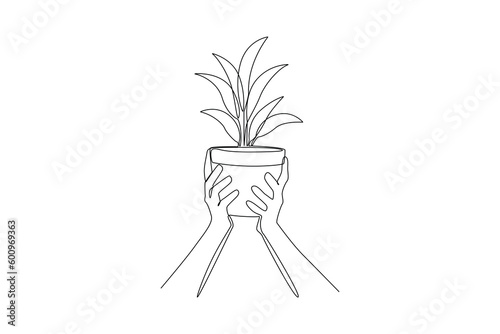 Continuous one line drawing hand holds tree. World environment day concept. Single line draw design vector graphic illustration.