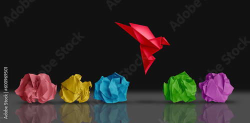 Fresh Concept and new idea and creative thought as a symbol of novel perspective and possibility as a revolutionary innovation metaphor as an origami bird in flight standing out. 