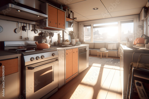 A kitchen with a stove top oven sitting under a window. Tiny house interior. Generative AI.