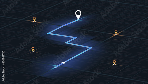 Navigate mapping technology and final destination on the streets. Detailed view of city. Decorative graphic tourist map. Abstract transportation background. Vector, illustration, isometric