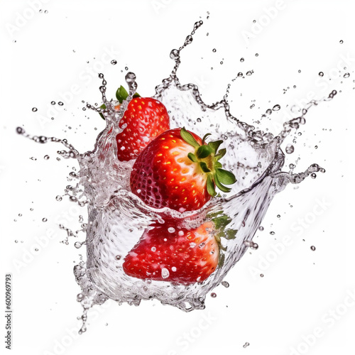 strawberry in glass, splashing vitamin water juice, wellness and nutrition concept by generative AI.