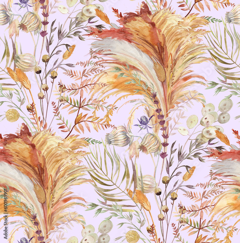 Fototapeta Naklejka Na Ścianę i Meble -  Seamless pattern with herbs and pampas grass and dried flowers painted for textile 