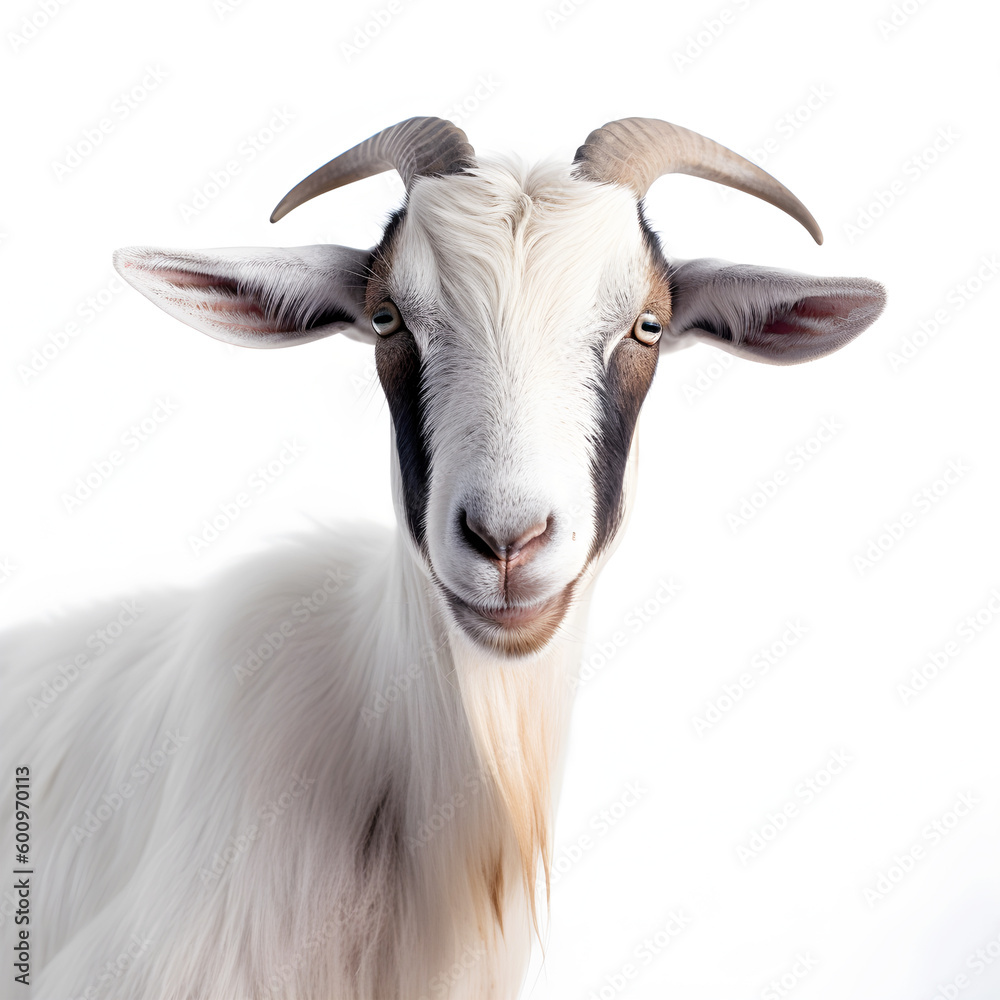 Close-up portrait of a white goat with horns. isolated object on white background Close-up portrait of a white goat with horns. isolated object on white background