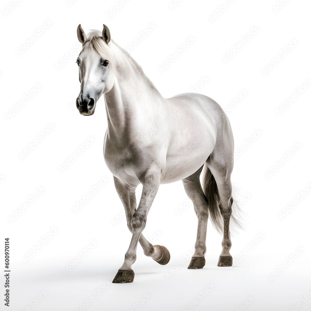 Obraz premium white Arabian horse in motion on a white background. isolated object