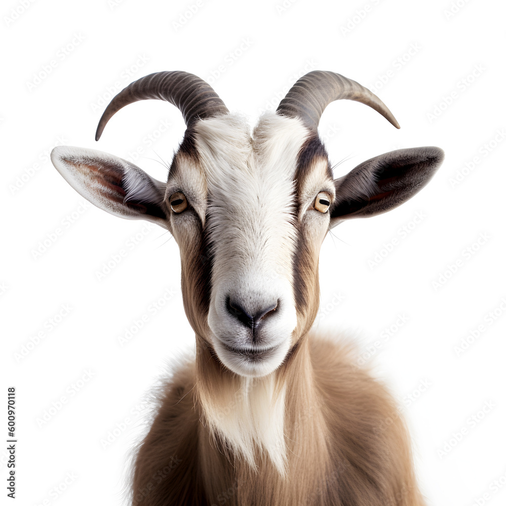 Close-up portrait of a brown goat with horns. isolated object on white background