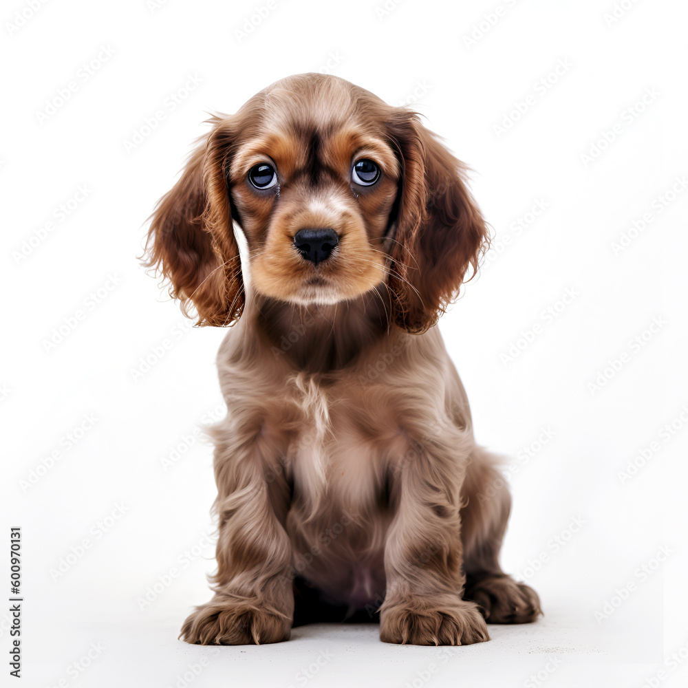 Portrait of a cute puppy sitting on the floor isolated on white background