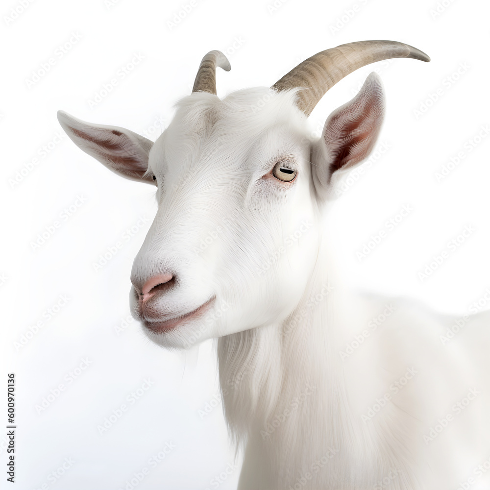 Close-up portrait of a white goat with horns. isolated object on white background Close-up portrait of a white goat with horns. isolated object on white background