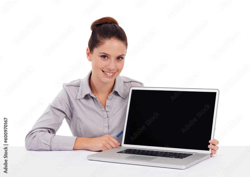 Laptop screen, studio and happy portrait woman with business mockup for online, web or internet research. Professional, happiness and person with website presentation isolated on white background Laptop screen, studio and happy portrait woman with business mockup for online, web or internet research. Professional, happiness and person with website presentation isolated on white background