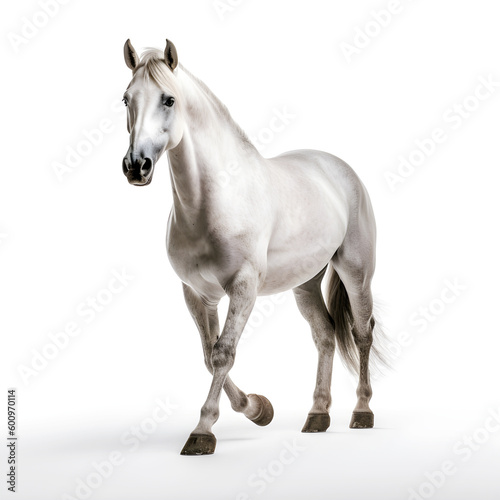 white Arabian horse in motion on a white background. isolated object