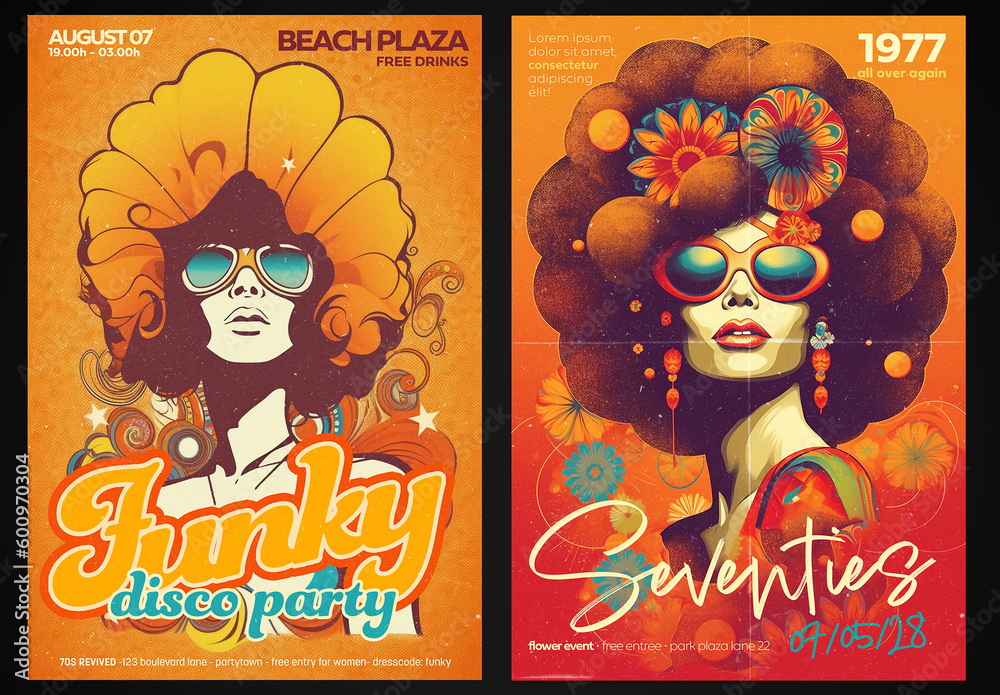 Seventies flower power event flyer set Stock Template Adobe Stock