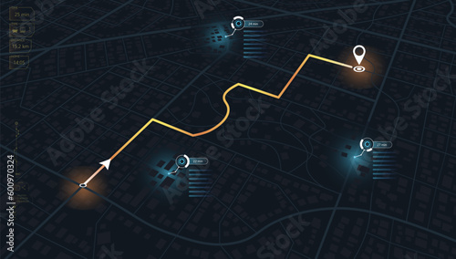 Futuristic mapping technology route of destination point and location on the streets. View from above the map buildings. Abstract transportation background. Vector, illustration, isometric
