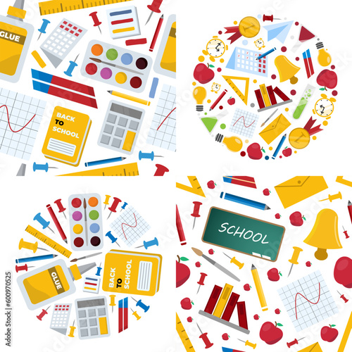 school, office stationery backgrounds set. calculator, pencils, tube of glue, paints, notebook, calendar. education supplies for children study. vector cartoon flat items