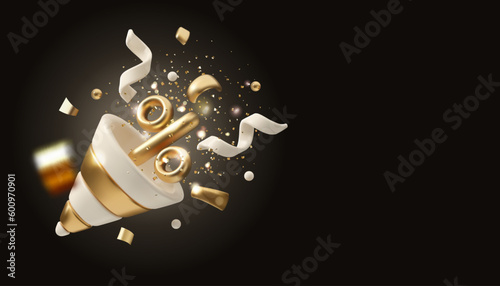 Vector 3d party popper banner. Marketing sale background with copy space, isolated on dark background. Gold and white discount design
