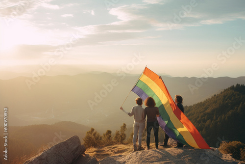 LGBT activists holding a pride flag on a mountain top, pride, bokeh Generative AI