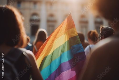 Billede på lærred LGBT people holding a pride banner in front of a monument, pride, bokeh Generati