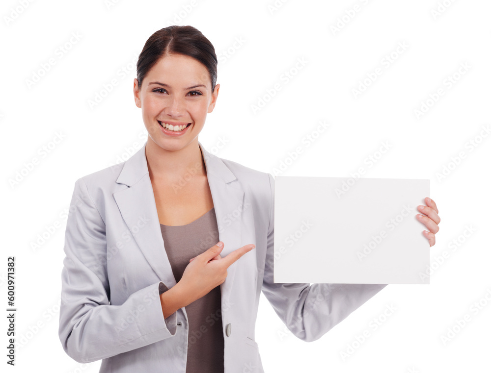 Portrait, mockup and woman with a poster, pointing and lady isolated against a white studio background. Face, female person and model with paper, promotion and decision with employee and opportunity Portrait, mockup and woman with a poster, pointing and lady isolated against a white studio background. Face, female person and model with paper, promotion and decision with employee and opportunity