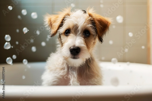 an illustration of a cute dog taking a bath full of soap suds. Generative AI.