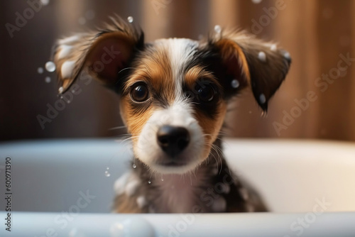 Cute little dog is taking a bath with foam bubbles. The concept of pet care.