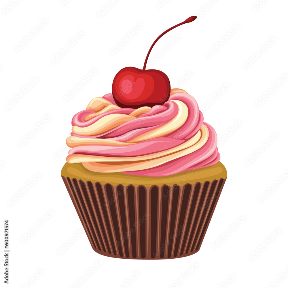 Cupcake Cherry Cream Sweet Cake Desert Vector Illustration