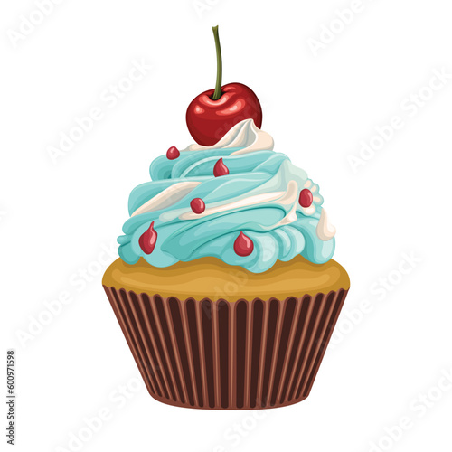 Cupcake Cherry Cream Sweet Cake Desert Vector Illustration