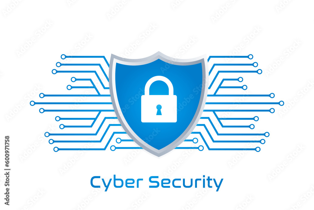 Cyber security logo with shield lock icon - obrazy, fototapety, plakaty 