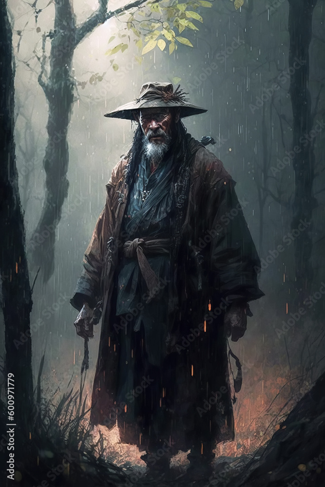 old Japanese samurai warrior in traditional Asian armor in forest in rain. Generative AI
