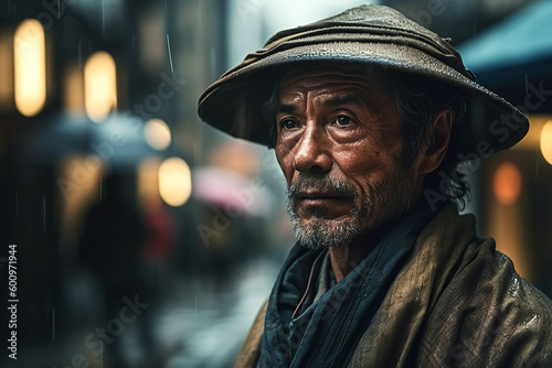 portrait of old Japanese samurai warrior in hat in night city in rain. Generative AI