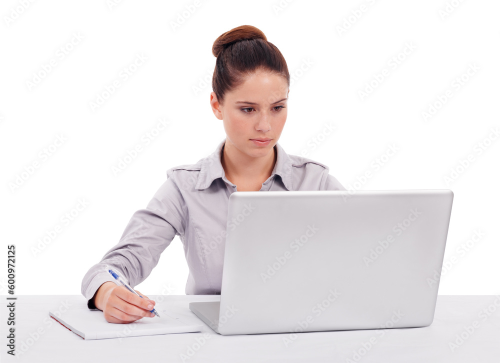 Laptop, planning and a business woman writing on a notepad for research while working in her office. Computer, schedule and reading with a young female employee in studio isolated on white background Laptop, planning and a business woman writing on a notepad for research while working in her office. Computer, schedule and reading with a young female employee in studio isolated on white background