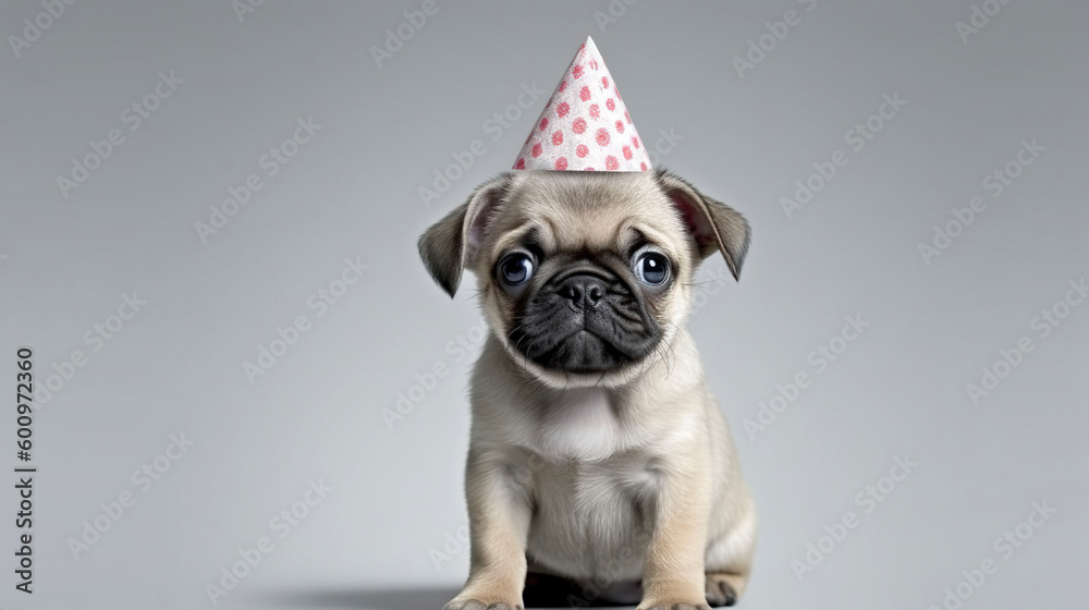 Puppy pug in birthday cap. Generative AI.