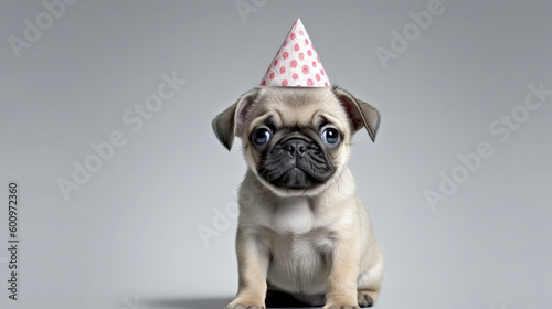 Puppy pug in birthday cap. Generative AI. © YULIYA