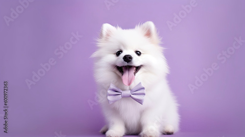Cute spitz puppy in a bow tie on a lilac background. Generative AI.