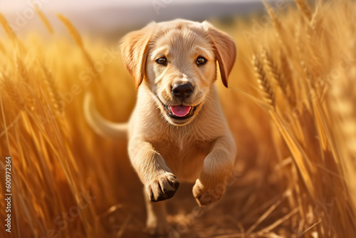Labrador retriever puppy running through a field. Generative AI.