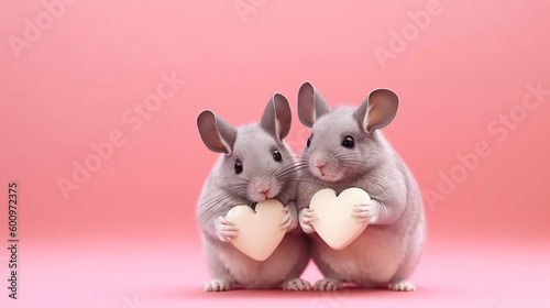 Two chinchillas holding hearts. Generative AI.