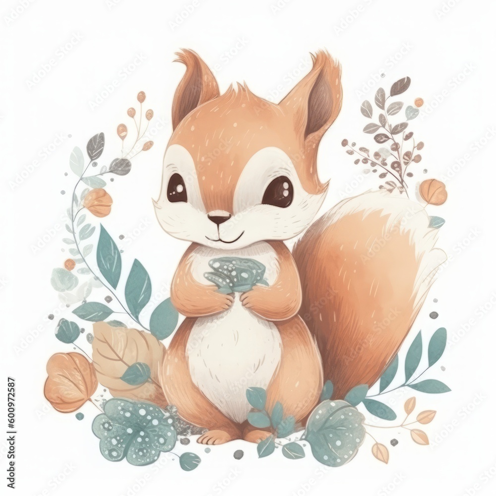 Naklejka premium Illustrated baby squirrel kit for nursery room. Generative AI