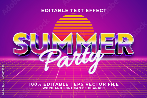 Summer Party 3d Editable Text Effect Retro 80s Style Premium Vector