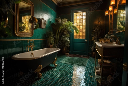 Stylish Retro Bathroom with Bold Yellow and green Colors.. © aboutmomentsimages