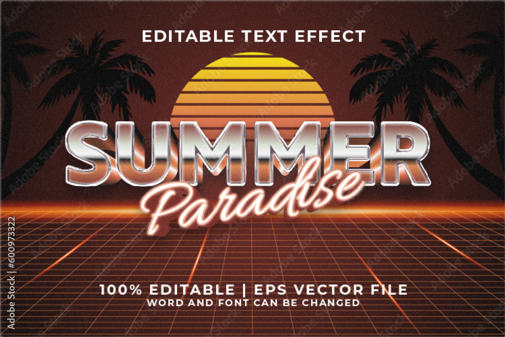 Summer Paradise 3d Editable Text Effect Retro 80s Style Premium Vector - obrazy, fototapety, plakaty 