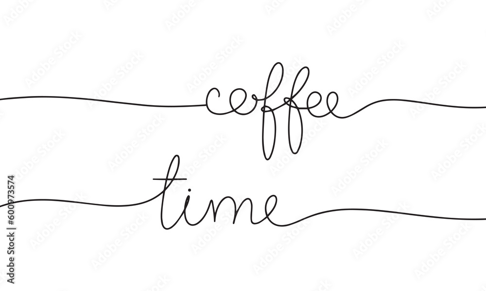 Handwriting one line continuous coffee time phrase. Word as monoline line art vector illustration.