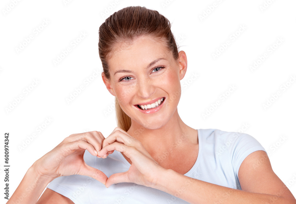 Love, care and portrait of woman doing heart sign, shape or gesture with hands isolated on a white studio background. Happy, casual and female person with happiness, care and kindness signal Love, care and portrait of woman doing heart sign, shape or gesture with hands isolated on a white studio background. Happy, casual and female person with happiness, care and kindness signal