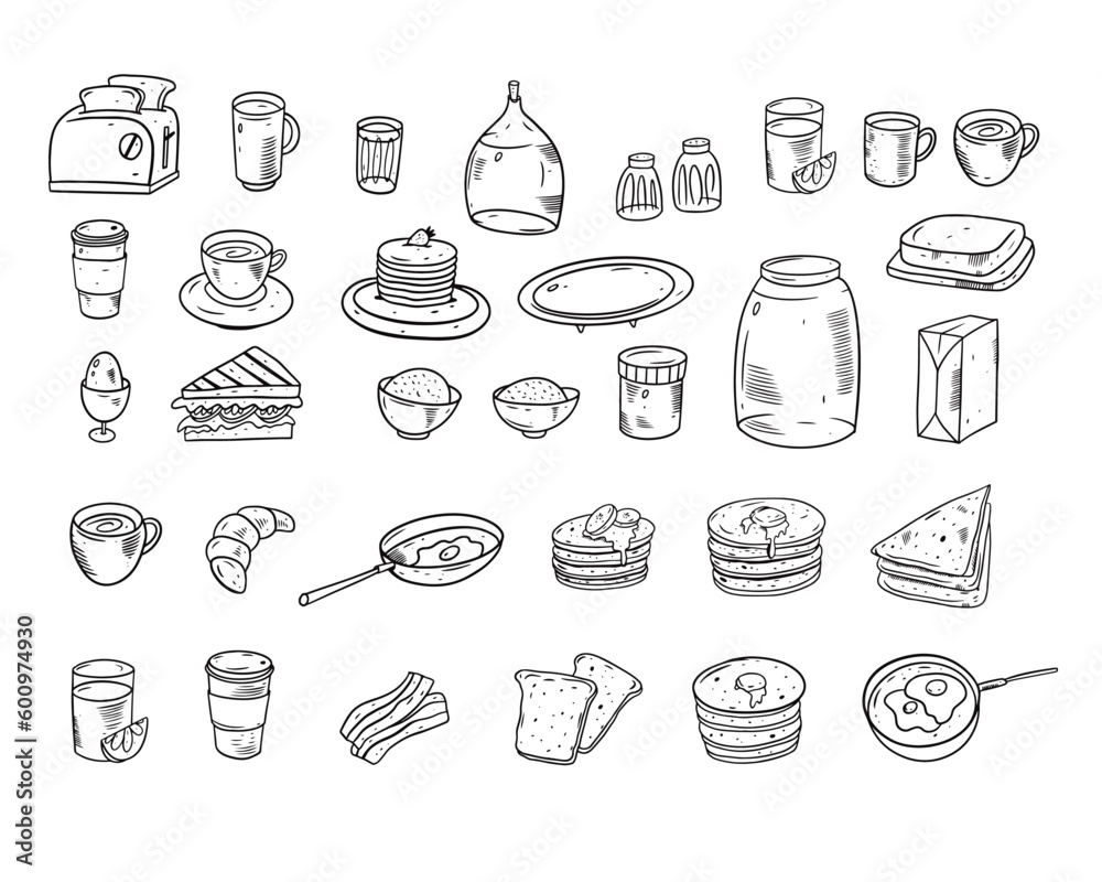 Hand drawn breakfast icons sign set