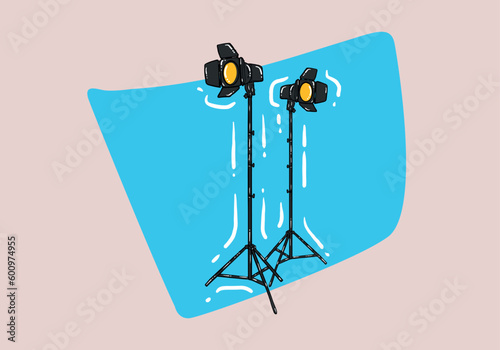 illustration of photo studio reflectors on stand with isolated on background. Studio lights ilustration.